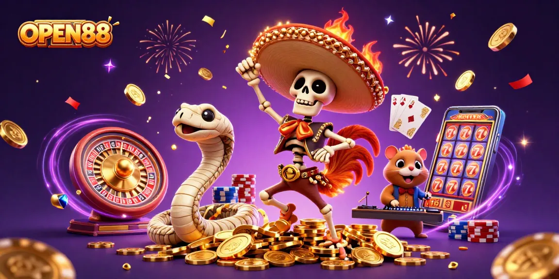 Spin and win at OPEN88 with an exciting scene of vibrant characters celebrating gambling victories amidst golden coins and confetti.