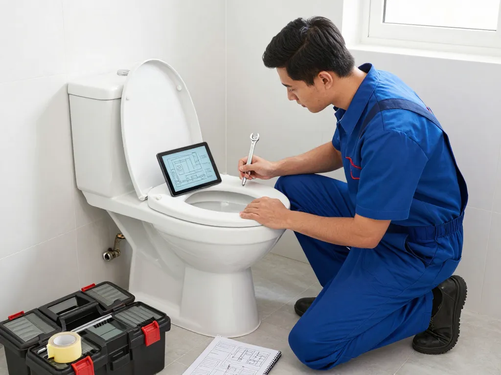 Professional plumber diagnosing a toilet issue in a bright bathroom, showcasing expertise in toilet repairs from https://apexplumbingservices.com.au/.