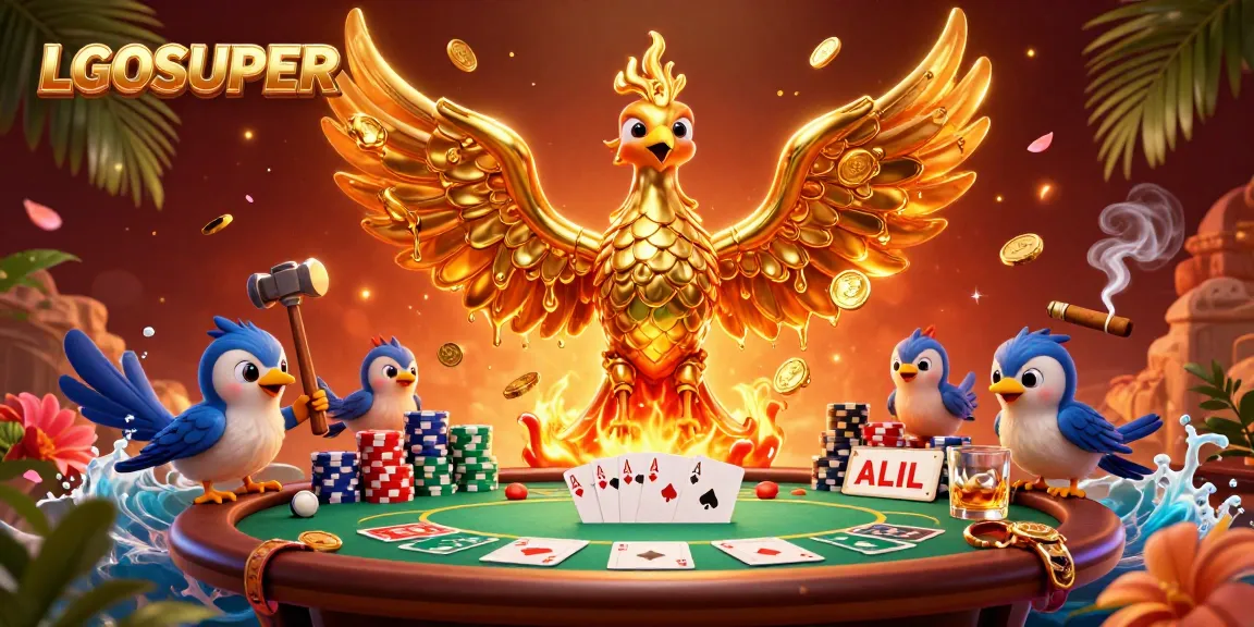 Experience thrilling gameplay with LGOSUPER as a golden phoenix emerges from molten metal amidst poker chips and vibrant casino elements.