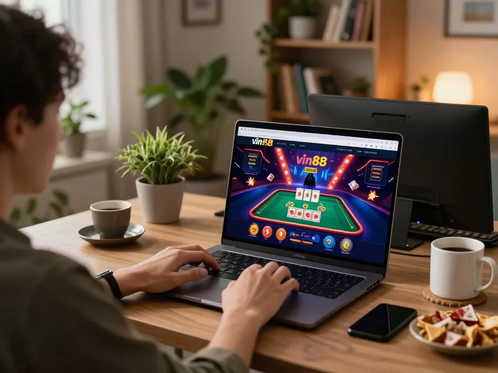 Engaging in online gambling at vin88 with vibrant gameplay and cozy workspace environment
