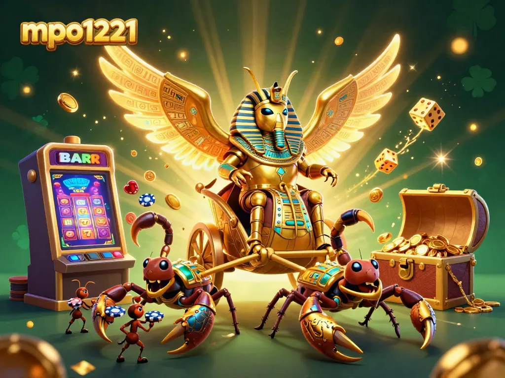 Experience thrilling jackpots with mpo1221, featuring golden scarabs and vibrant casino symbols.