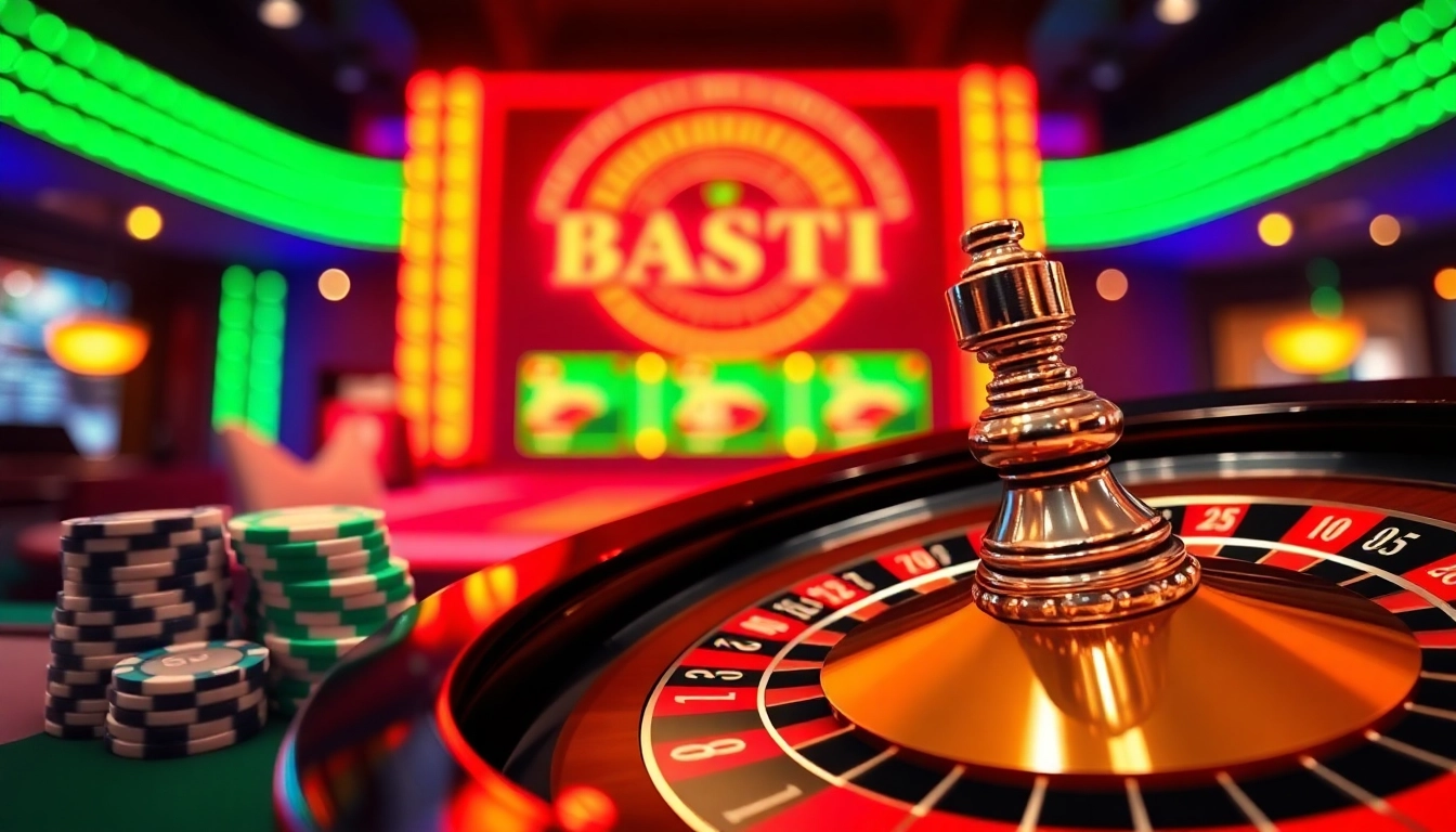 Experience the thrills of Online casino Uk with a vibrant roulette wheel and poker chips.