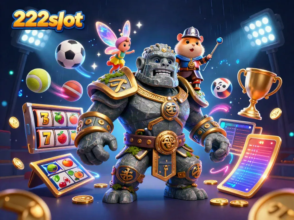 Visual informasi slot 222slot dengan golem, peri, dan kesatria hamster dalam suasana magis.