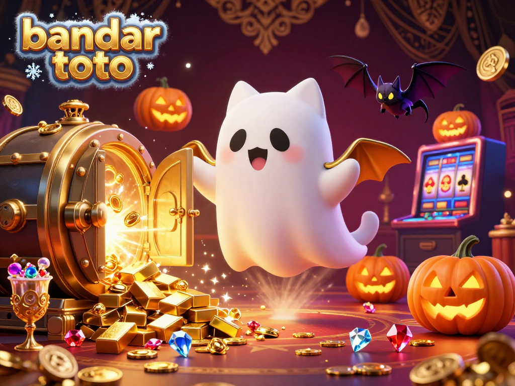 Experience thrilling bandar toto games amidst a whimsical casino scene with glowing pumpkins and treasure.