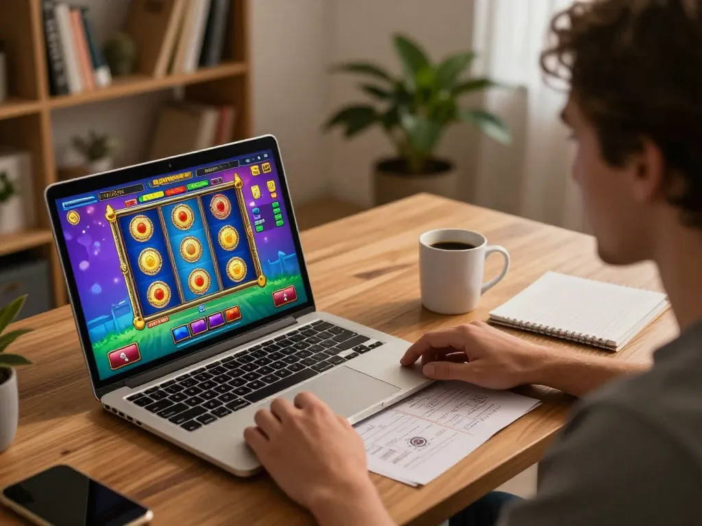 Enjoying an exciting game session at nhà cái 98win with a laptop and strategic planning notes.