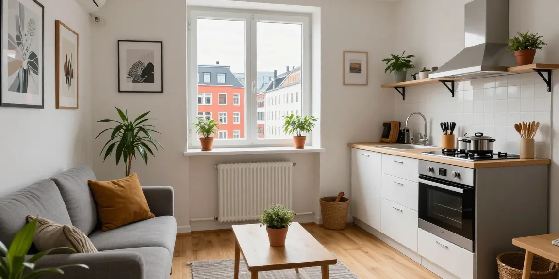 Monteurzimmer mieten Hannover: Gemütliches, gut ausgestattetes Zimmer mit Küche und Stadtblick.