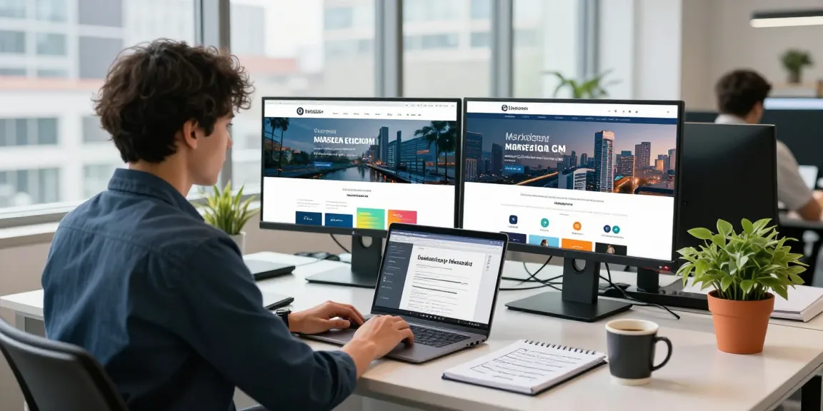 Custom landing page templates displayed on multiple screens in a modern office.