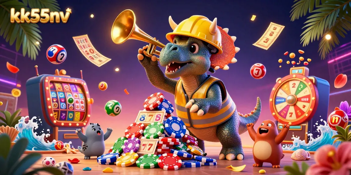 Experience the excitement of kk55nv with a vibrant 3D casino scene featuring energetic characters and game elements.