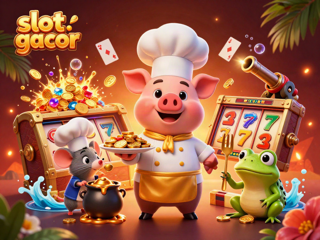 Engage with slot gacor as a chef pig serves gold coins amidst vibrant casino symbols in this lively scene