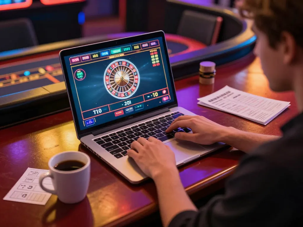open88 engaging roulette game on a laptop at a stylish home desk, showcasing immersive online gaming experience