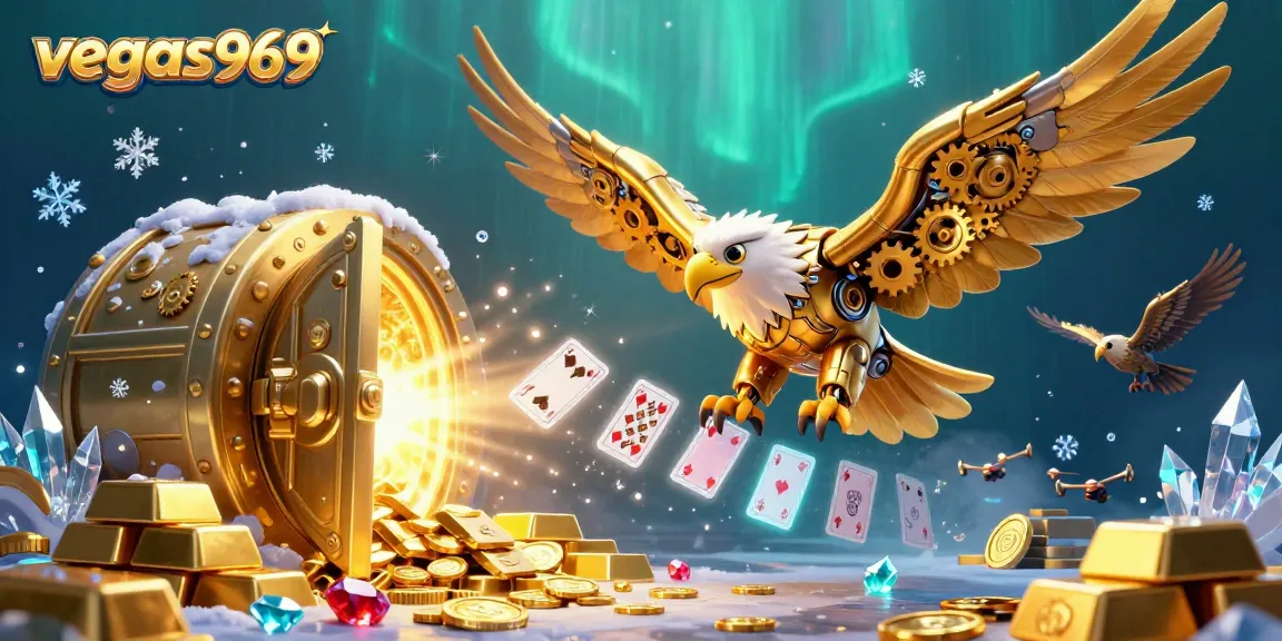 Experience the thrill of vegas969 with a golden eagle soaring through a treasure-filled casino.