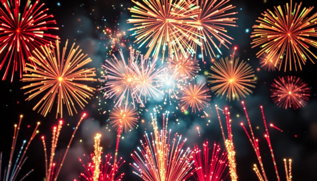 Exciting display of wholesale fireworks illuminating the night sky in vibrant colors.