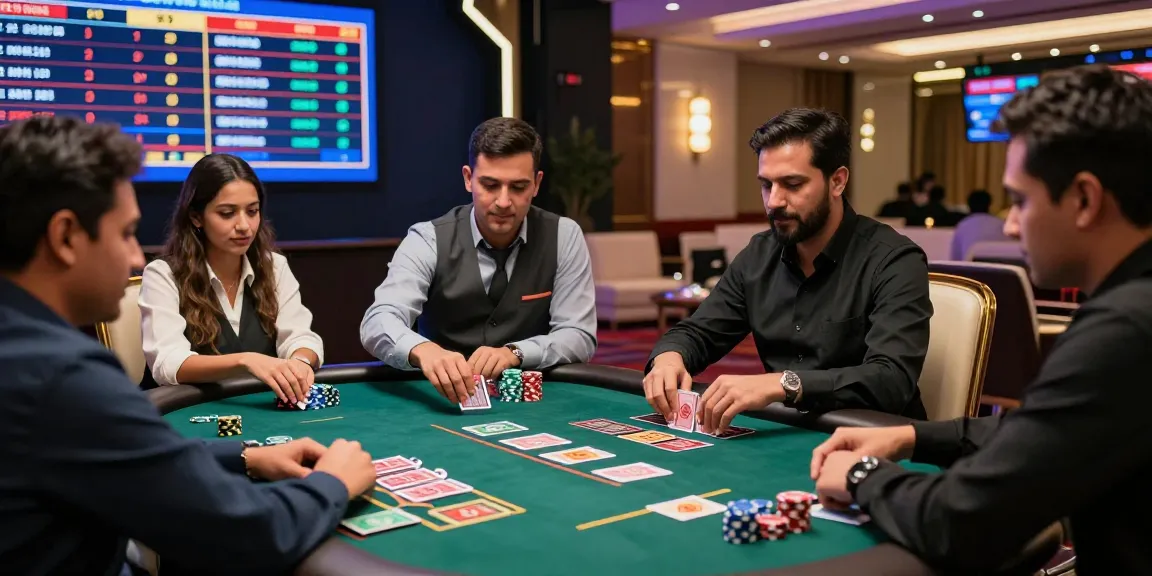 Players enjoying the Andar Bahar game in a lively casino setting, with a dealer handling cards and vibrant atmosphere.
