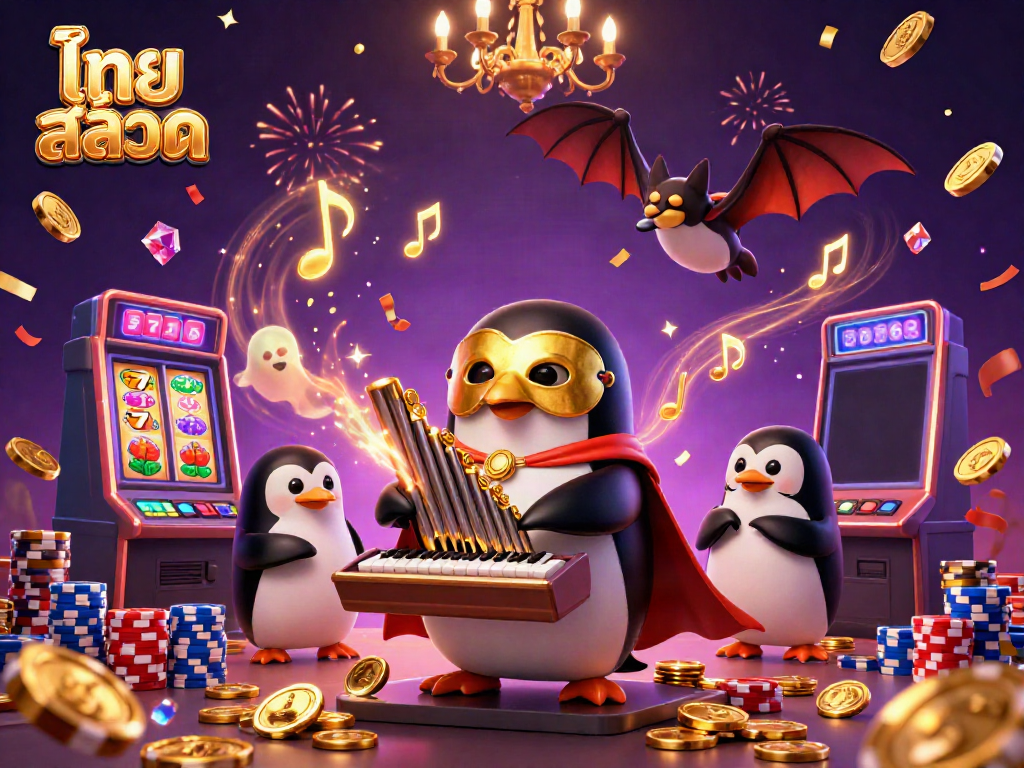 Engaging scene featuring ไทย สล็อต with a cartoon penguin playing an organ, surrounded by riches and festive elements.
