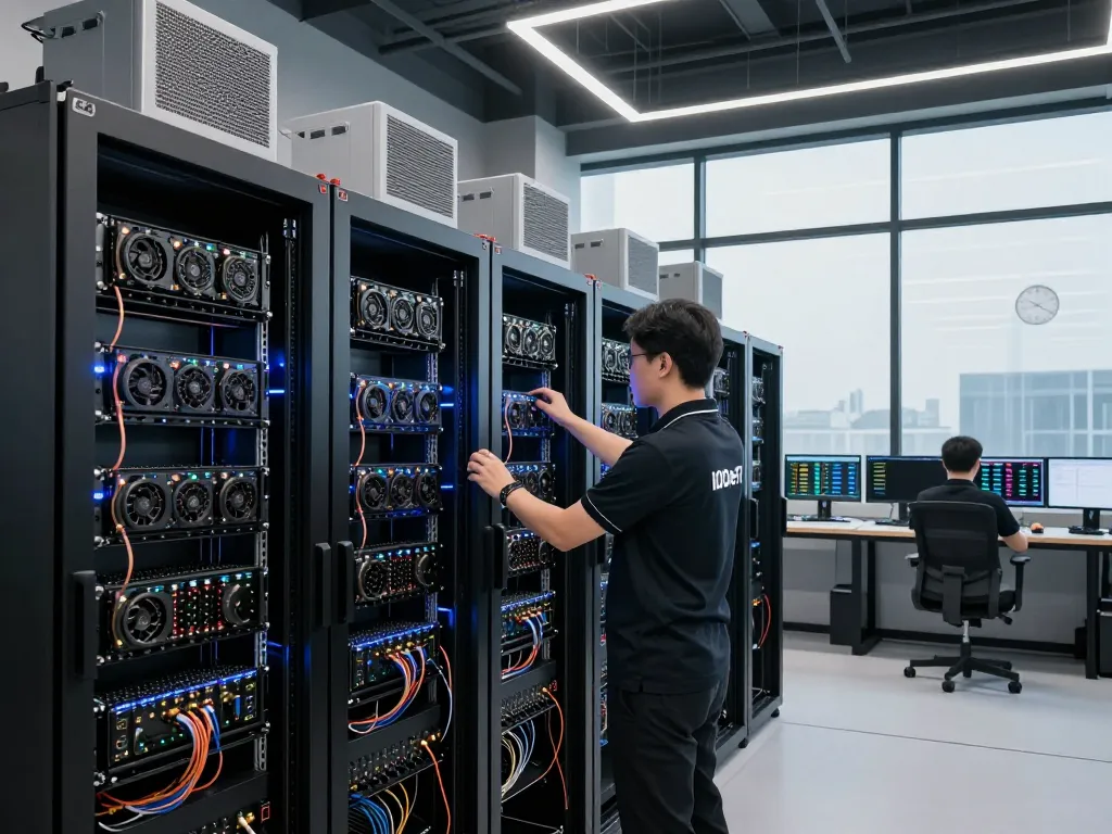 A technician managing IODeFi cloud mining servers in a modern data center, showcasing advanced technology and mining efficiency.
