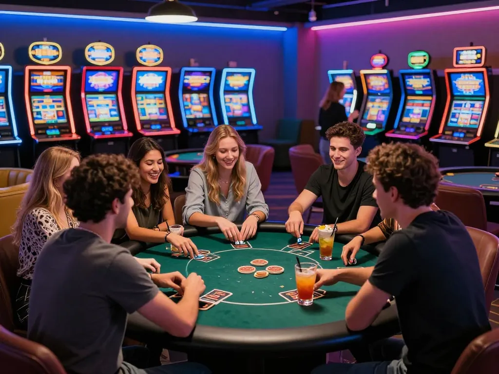 MM88 gaming scene with friends enjoying poker in a vibrant casino atmosphere.
