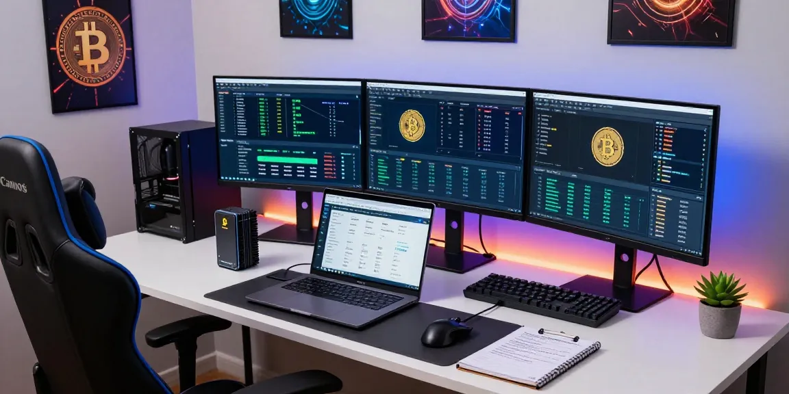 Bitcoin mining software displayed on multiple monitors in a modern home office with secure hardware wallet, showcasing a professional setup for cryptocurrency enthusiasts.