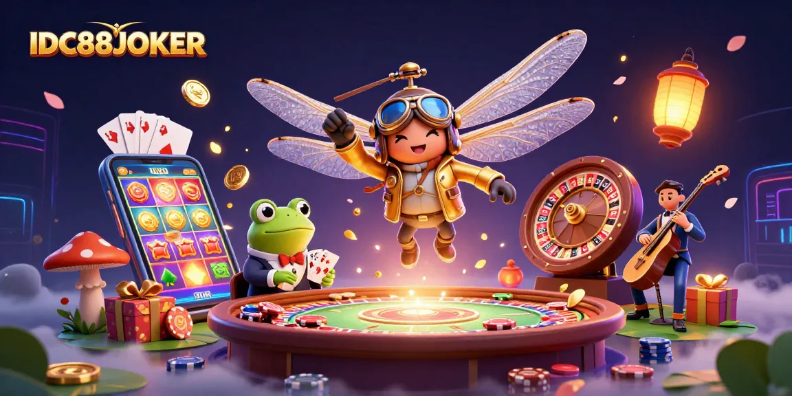 Experience thrilling wins at IDC88JOKER with an exciting 3D casino scene featuring unique characters and vibrant game elements.