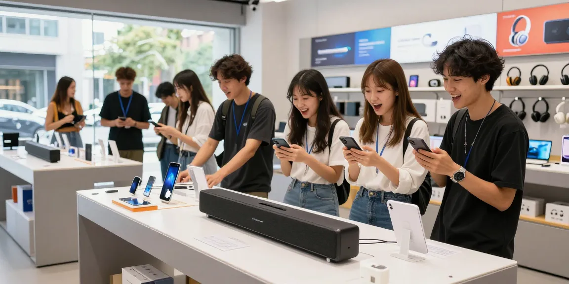 Explore the latest tech at https://hanadultalk.com with vibrant sound devices showcased in an engaging shopping scene.
