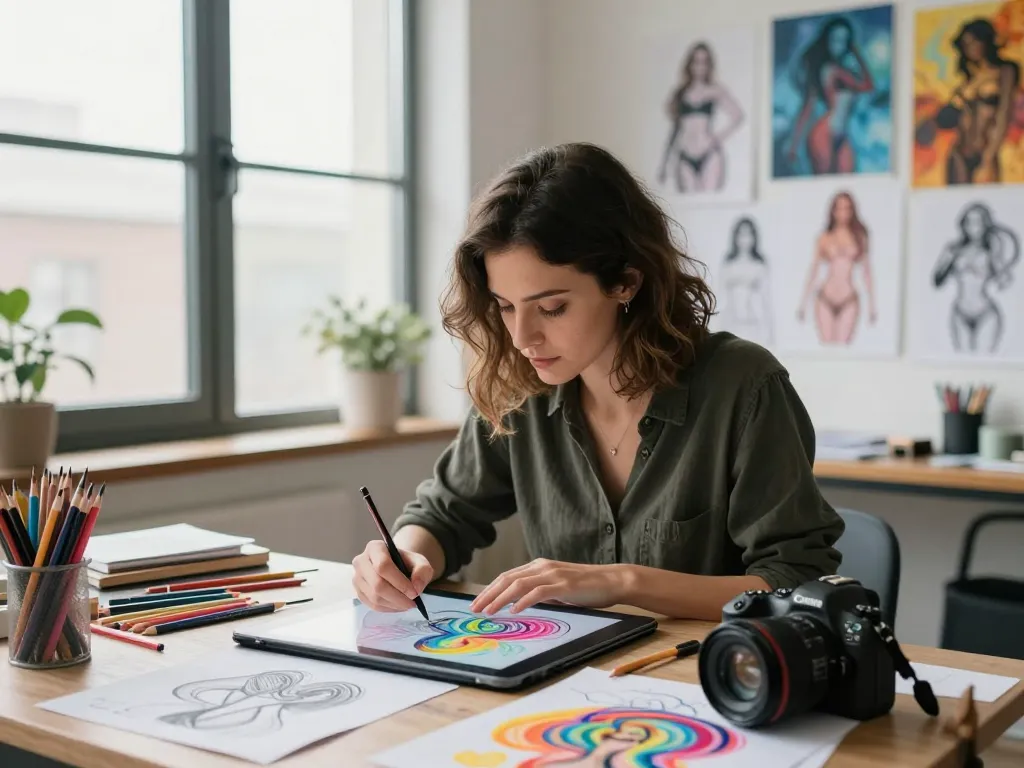 Innovative NSFW AI artist creating vibrant sketches in a modern studio.
