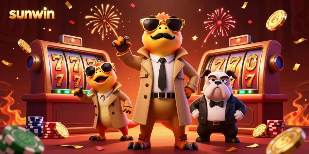 Experience thrill with sunwin's dynamic casino scene featuring raptors in disguise entering VIP lounge.