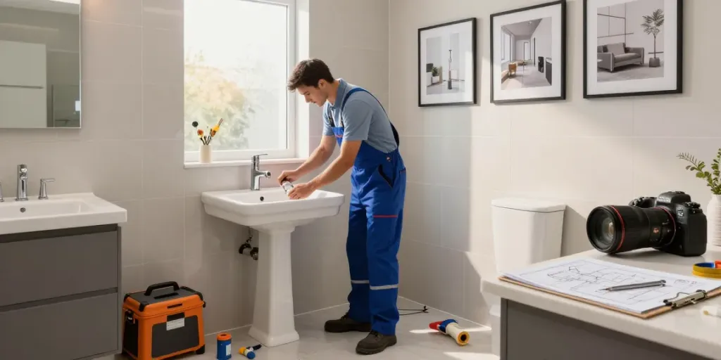 Plumber London installing a modern sink in a stylish bathroom renovation