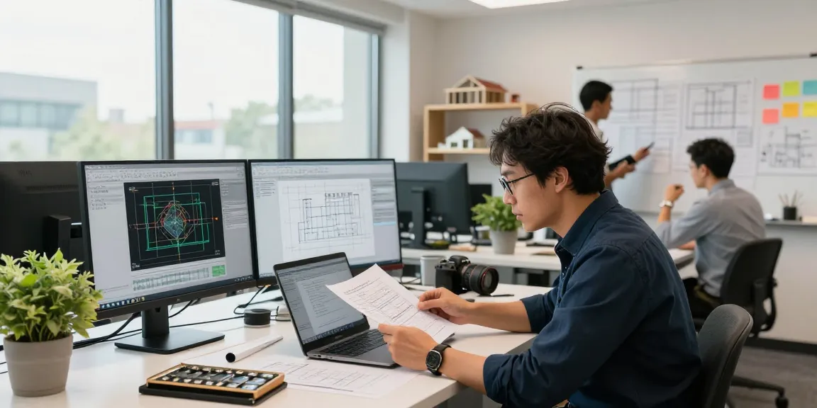 Professional Engineer reviewing engineering services Missouri documents in a modern office.