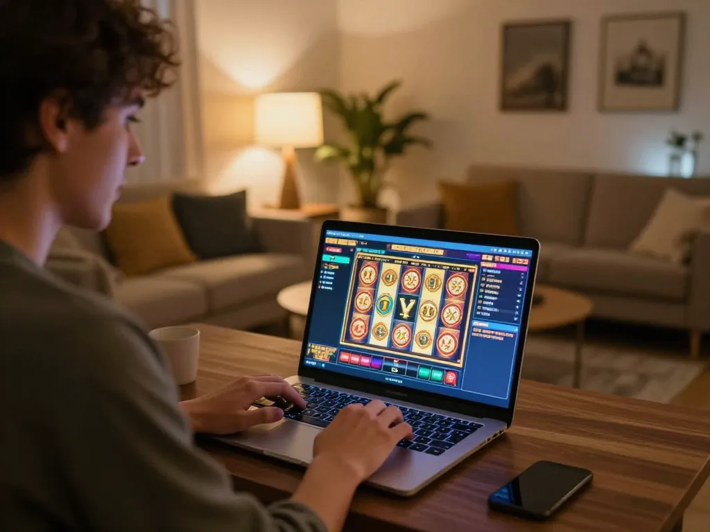 Player engaging with kim99 online slot game on laptop, showcasing betting excitement in a cozy setting