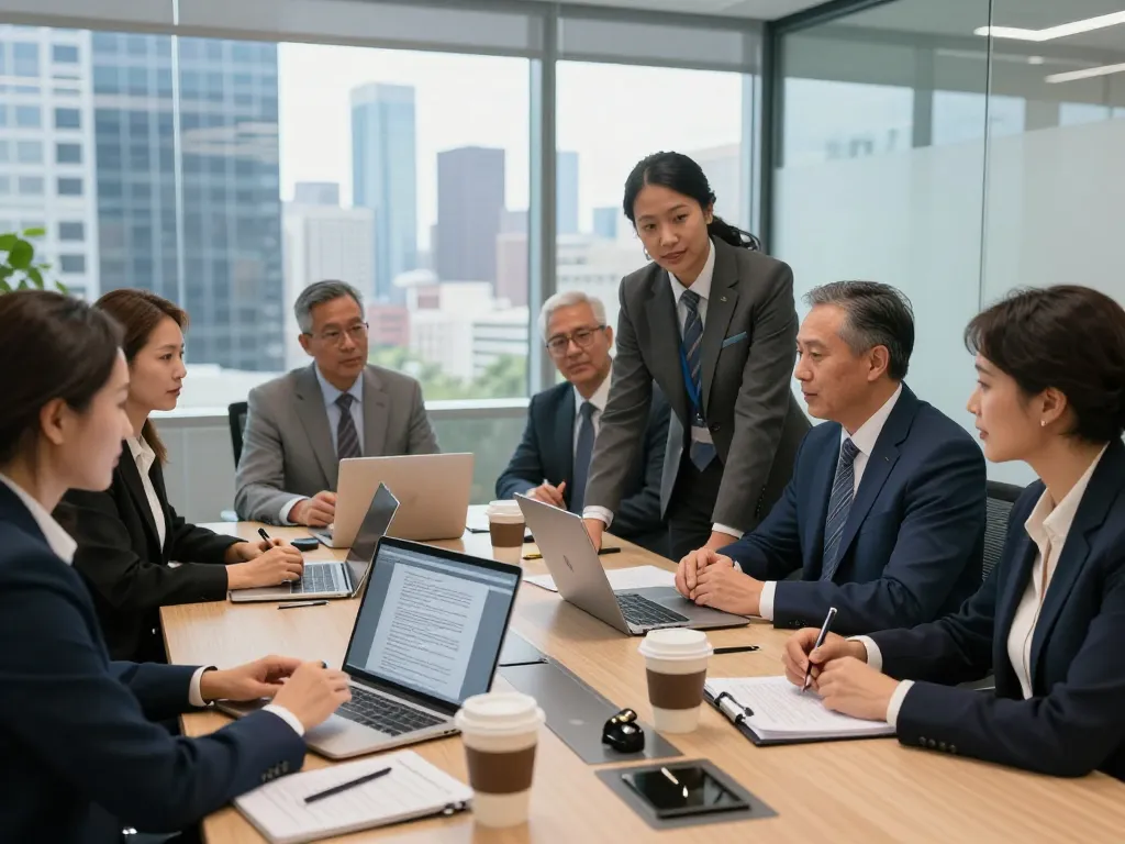 American lawyers collaborating in a modern office, discussing case strategies.