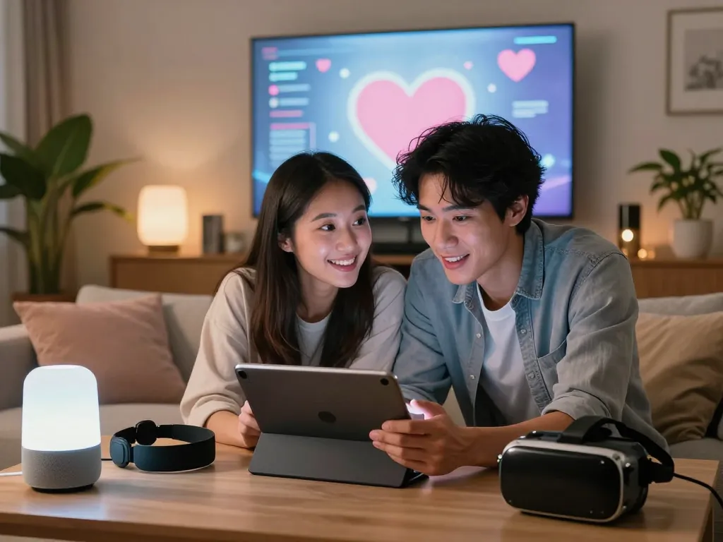AI sex interaction in a cozy living room with a couple utilizing digital tools.