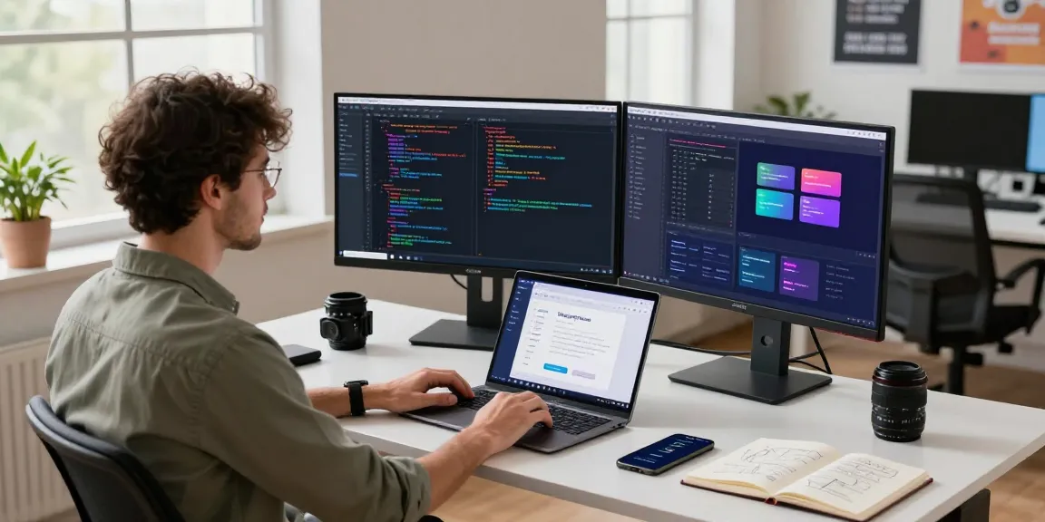 Developer at workspace coding on dual monitors showcasing features found on teiegramin.com