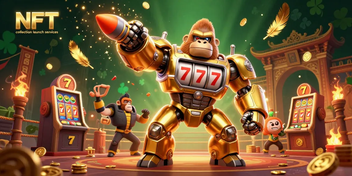 Engaging scene showcasing NFT collection launch services with a dynamic golden gorilla mech and immersive casino elements.
