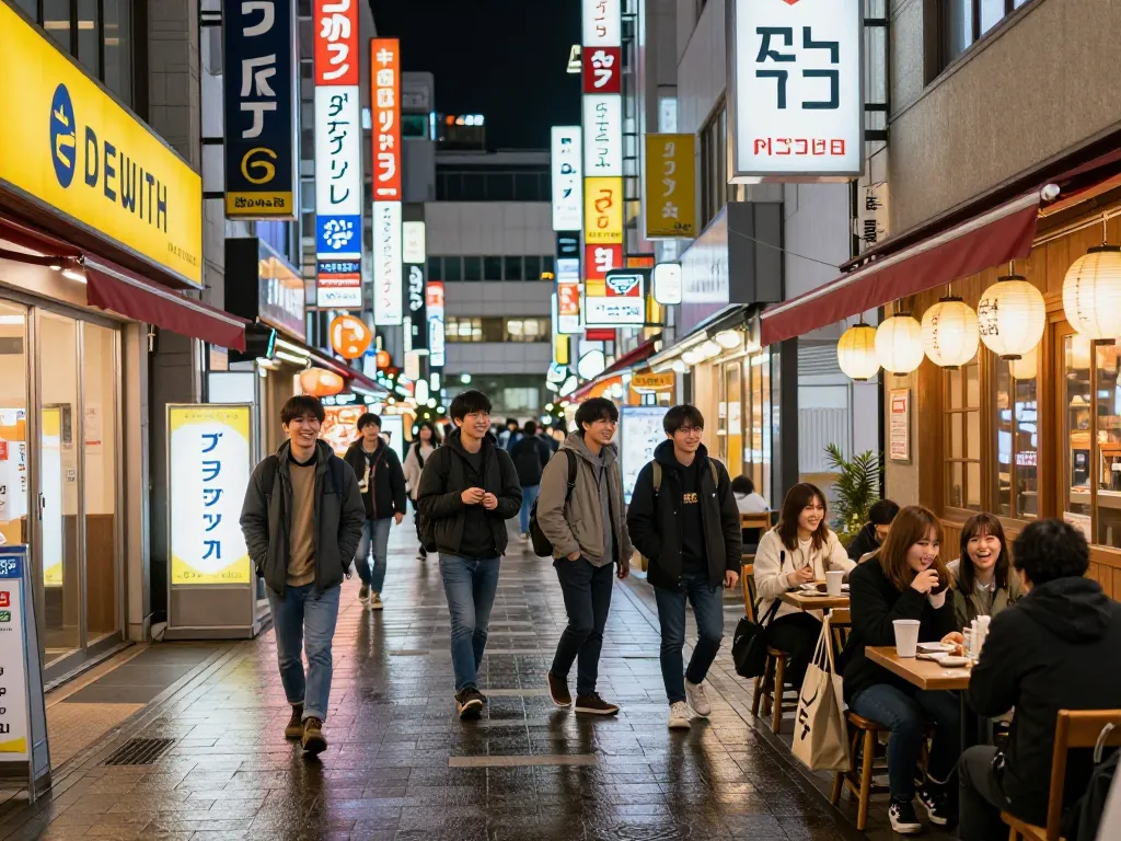 帯広の賑やかな夜の景色を背景に、デリバリーヘルスサービスの施設と都市の雰囲気を楽しむ若者たちを紹介する、帯広 デリヘルの画像。