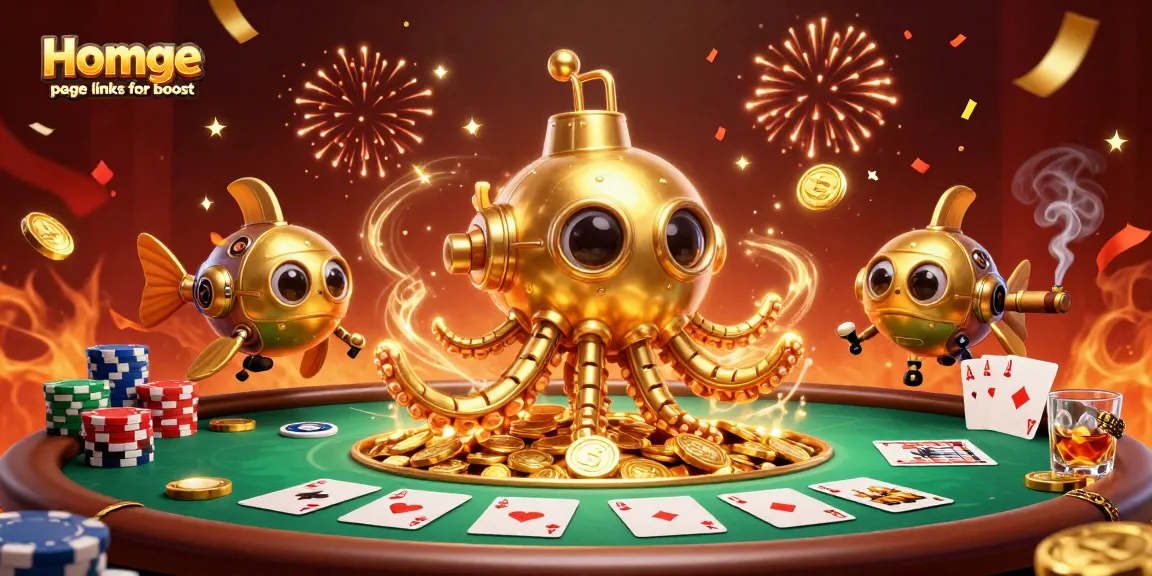 Engage with Homge page links for boost through a vibrant casino scene featuring a golden kraken and poker elements.