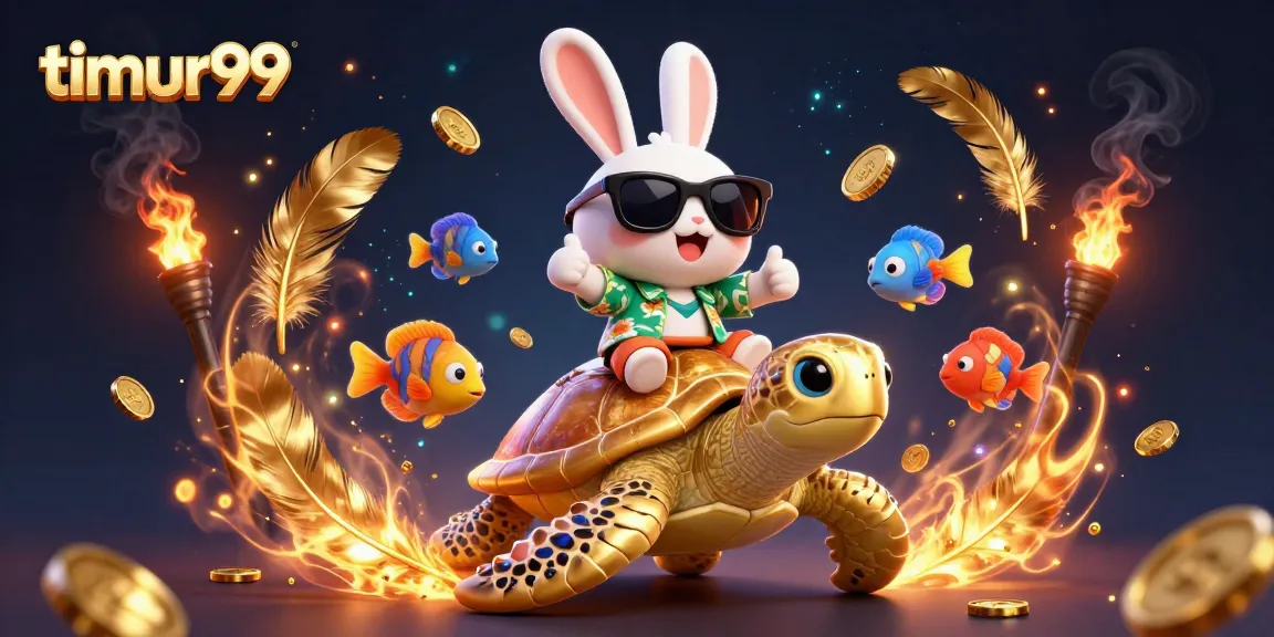 Join the fun at timur99 with a lucky rabbit and golden turtle in a vibrant casino scene.