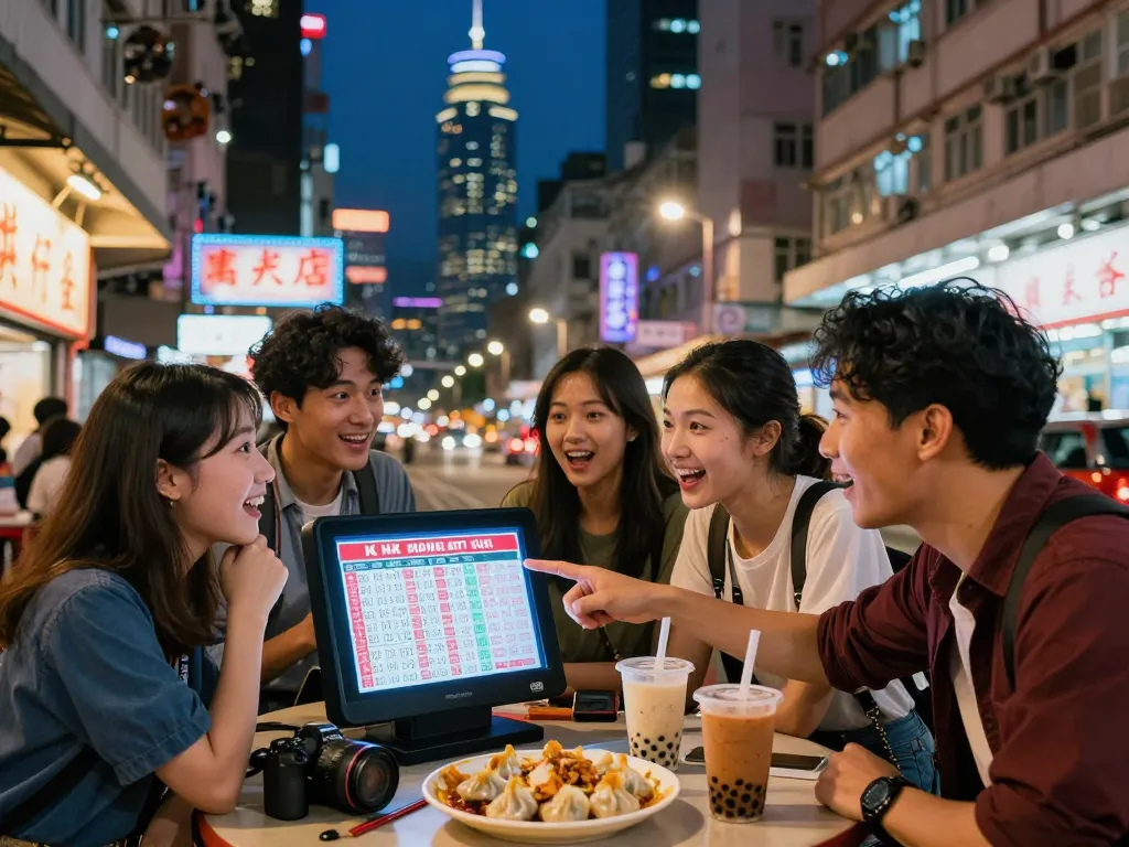 Group of friends celebrating HK Malam Ini lottery results in vibrant Hong Kong city lights.