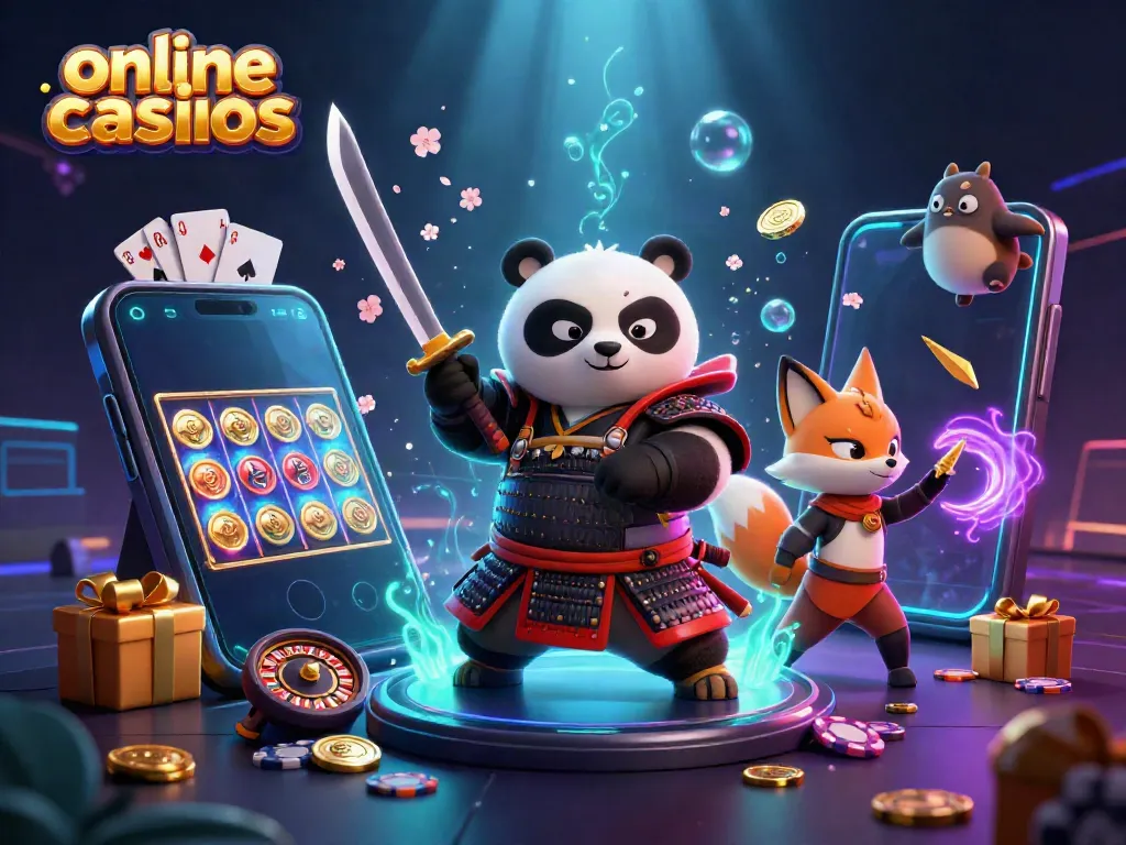 Engage with vibrant online casinos in this 3D illustration featuring a samurai panda and ninja fox.
