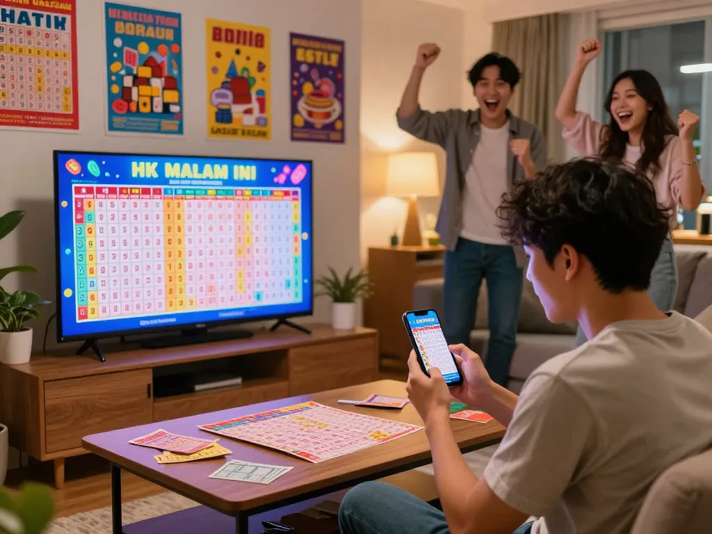 Enthusiast checking HK Malam Ini lottery results in lively living room.