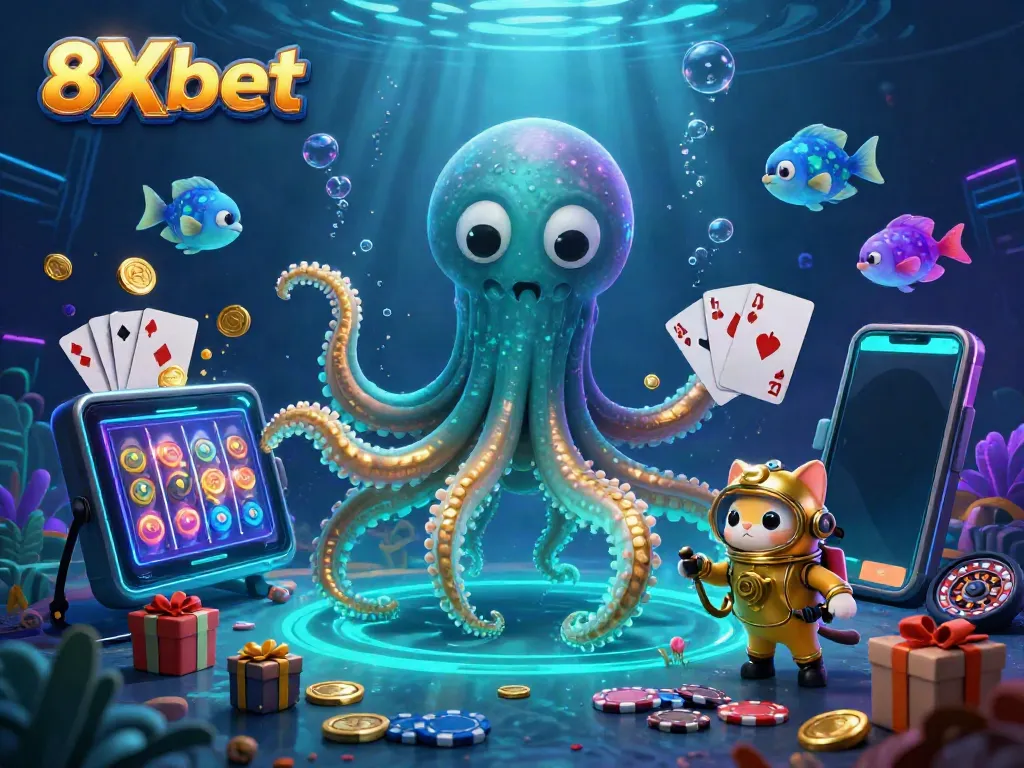Experience the thrill of 8Xbet with a vibrant underwater scene featuring a kraken and a diving cat.