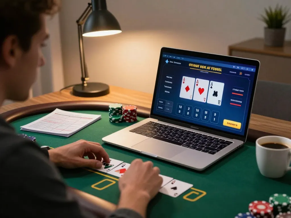 Person strategizing in online poker gameplay on laptop with ledak338 platform, cozy home office setting.