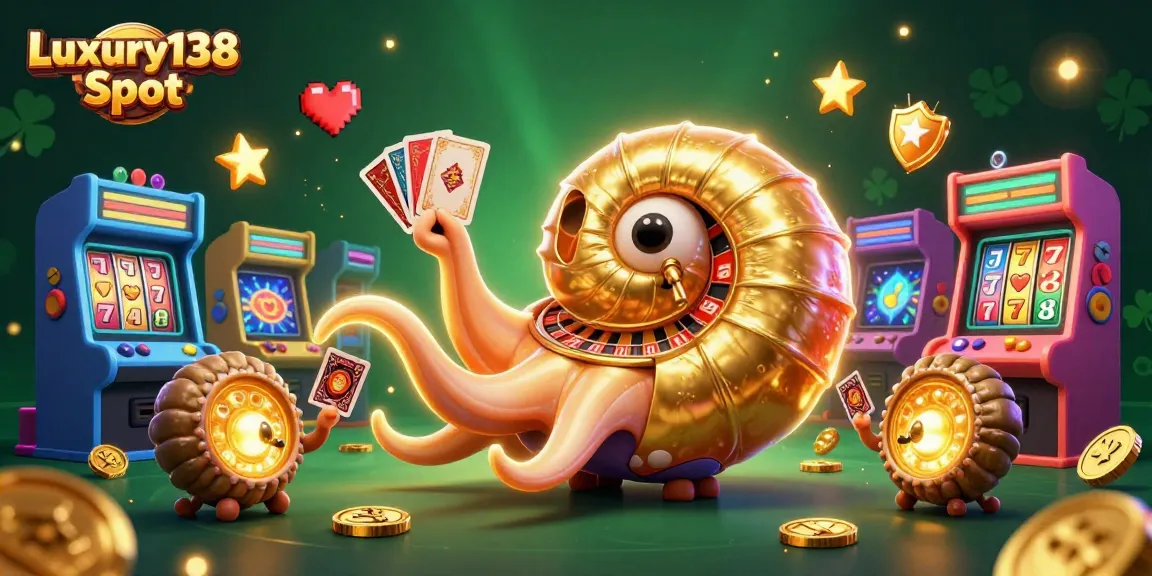 Experience thrilling gameplay with Luxury138 Slot amidst giant nautilus and colorful casino elements.