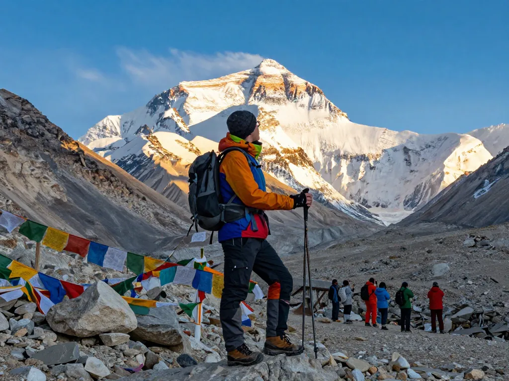 Everest Base Camp Trek with Helicopter Return adventure scene showcasing a triumphant traveler at the iconic Everest Base Camp.