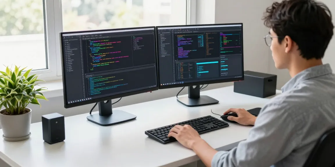 Developer at a modern workspace showcasing coding on dual monitors at telegramin-cn.com
