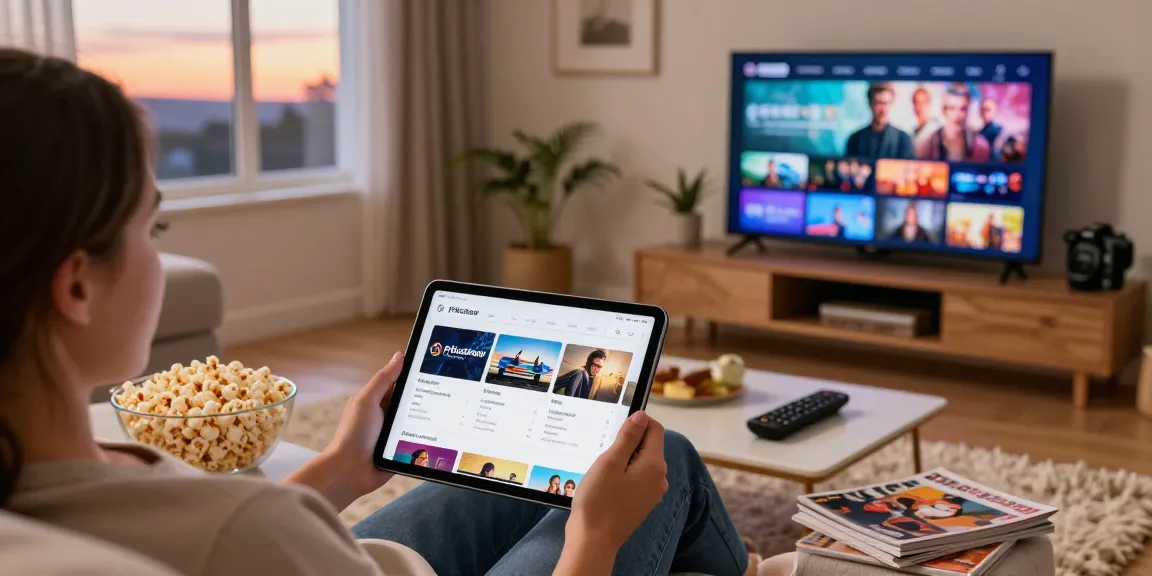 Enjoying the Pikashow app for movies and sports in a cozy living room setting.