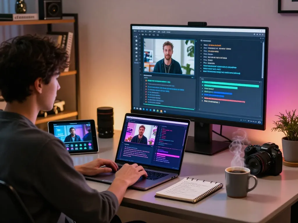 Video to prompt ai generator in a modern workspace with prompts displayed on laptop while a user analyzes video content.