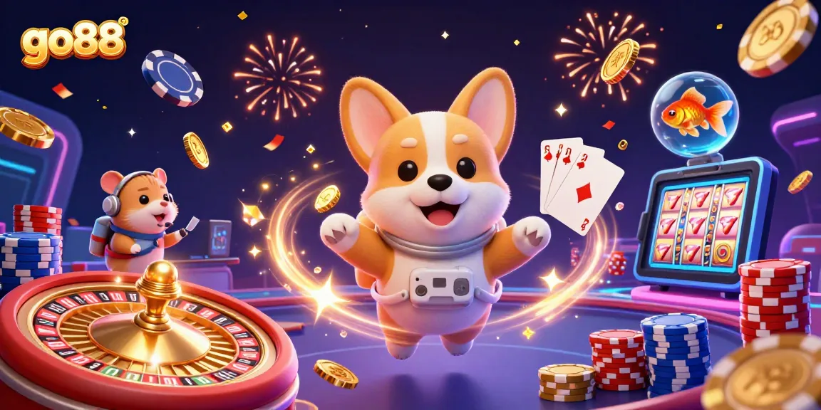 Join go88 with an astronaut corgi in a vibrant space casino surrounded by flying poker chips and golden coins.