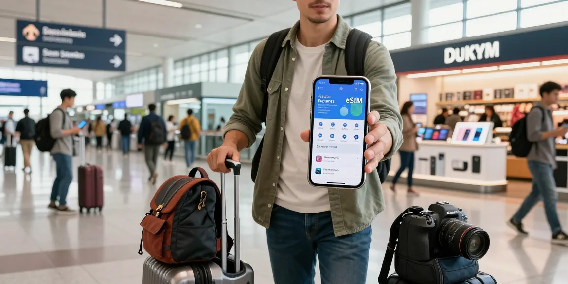 Traveler utilizing a discount code for esim at an airport, comparing plans on a smartphone amidst bustling travel environment.