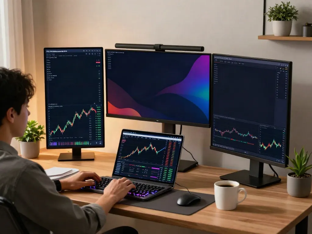 Real-time trading setup for 日本株 WebSocket API in a modern office, showcasing cryptocurrency analytics and trading strategies.