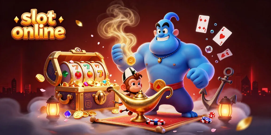 Permainan slot online dipenuhi harta karun, jin, dan kartu bermain di latar belakang yang memikat.