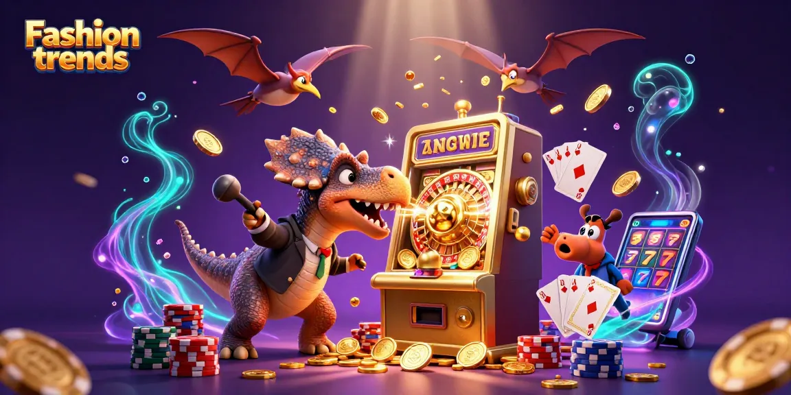 Fashion trends highlight exciting casino action with a pachycephalosaurus gaming on a slot machine.
